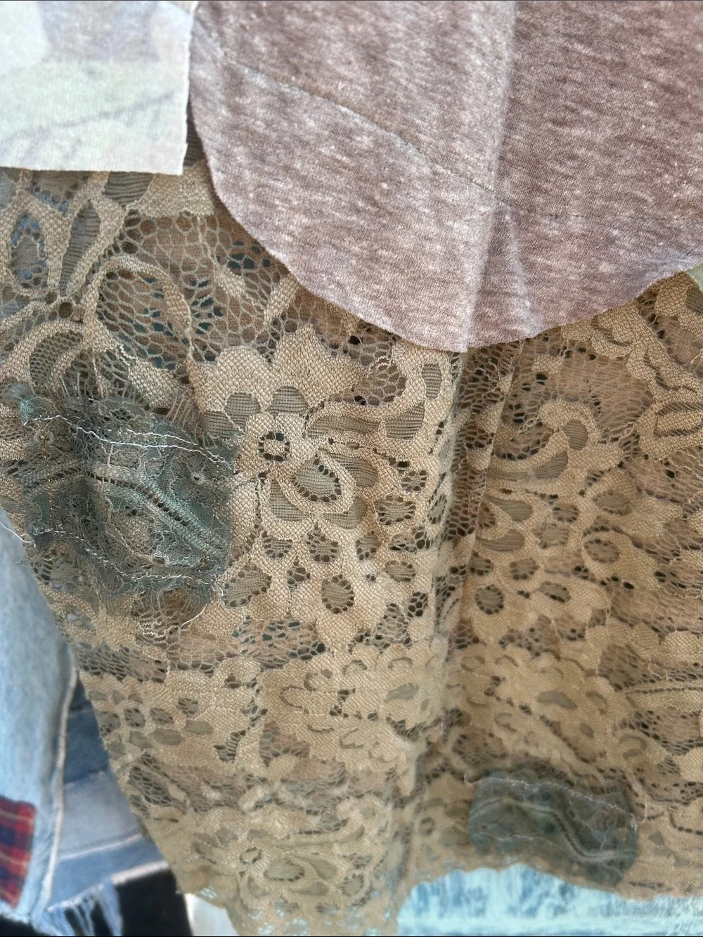 Upcycled camouflage and lace patchwork t shirt maxi skirt